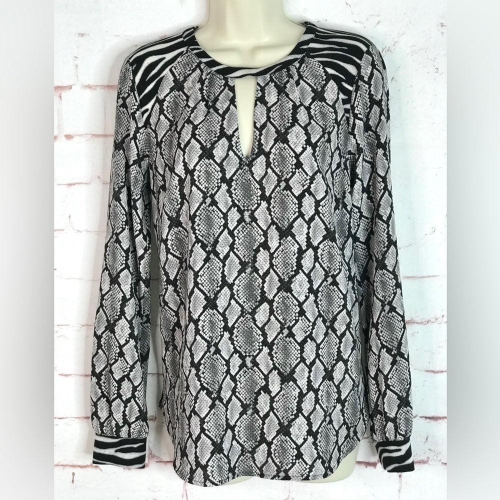 MICHAEL Michael Kors XS Snake Print Keyhole Neck Black & Gray Long Sleeve Blouse